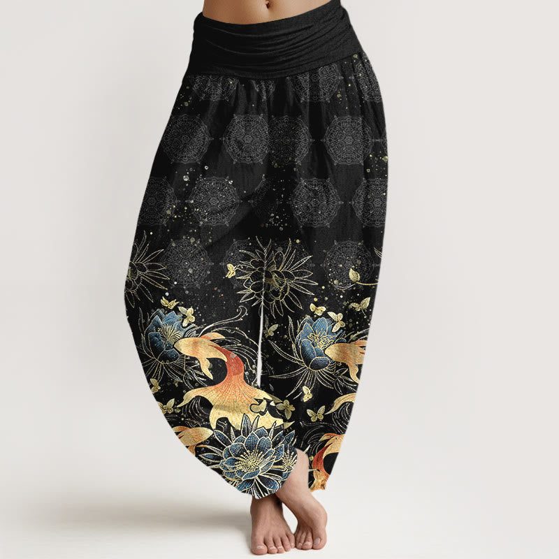 Buddha Stones Pantalon harem à taille élastique pour femme, en coton, motif papillons, carpes koï et lotus - Noir - US16，UK/AU20，EU48 (3XL) - image 8