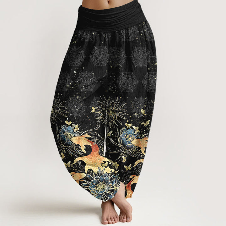 Buddha Stones Pantalon harem à taille élastique pour femme, en coton, motif papillons, carpes koï et lotus - Noir - US16，UK/AU20，EU48 (3XL) - image 8
