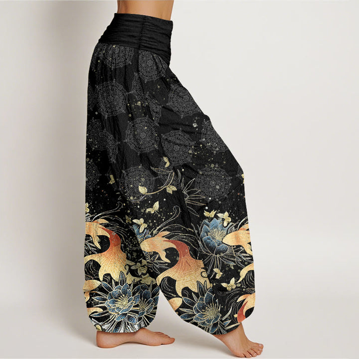 Buddha Stones Pantalon harem à taille élastique pour femme, en coton, motif papillons, carpes koï et lotus - image 9