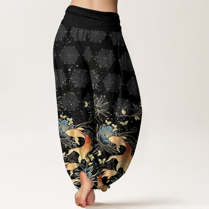 Buddha Stones Pantalon harem à taille élastique pour femme, en coton, motif papillons, carpes koï et lotus - image 10