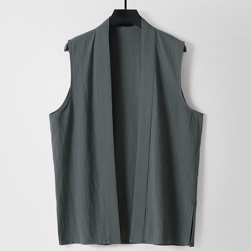 Buddha Stones Kimono sans manches pour homme, en coton et lin, coloris uni, coupe ouverte sur le devant, idéal pour le printemps - Gris sombre - US/UK/AU56，EU66(9XL) - image 0