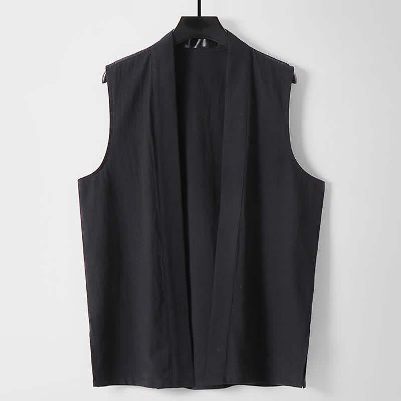 Buddha Stones Kimono sans manches pour homme, en coton et lin, coloris uni, coupe ouverte sur le devant, idéal pour le printemps - Noir - US/UK/AU56，EU66(9XL) - image 10
