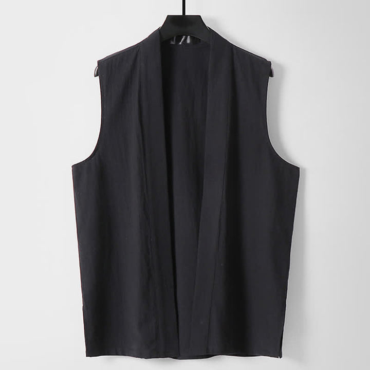 Buddha Stones Kimono sans manches pour homme, en coton et lin, coloris uni, coupe ouverte sur le devant, idéal pour le printemps - Noir - US/UK/AU56，EU66(9XL) - image 10