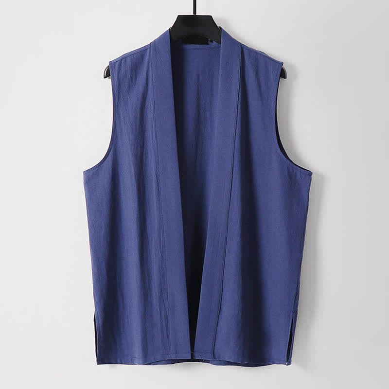 Buddha Stones Kimono sans manches pour homme, en coton et lin, coloris uni, coupe ouverte sur le devant, idéal pour le printemps - Bleu foncé - US/UK/AU56，EU66(9XL) - image 15