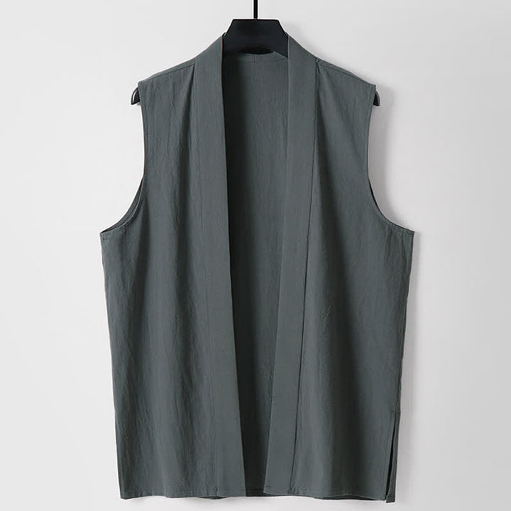 Buddha Stones Kimono sans manches pour homme, en coton et lin, coloris uni, coupe ouverte sur le devant, idéal pour le printemps - Gris terne - US/UK/AU56，EU66(9XL) - image 0