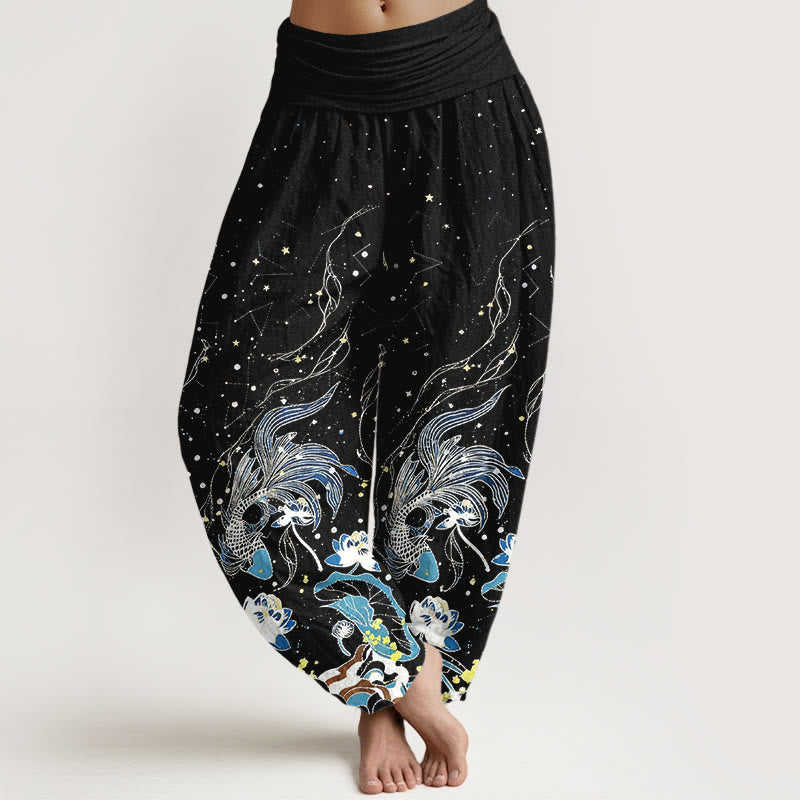 Buddha Stones Pantalon harem à taille élastique pour femme, en coton, motif ciel étoilé, carpes koï et vagues de lotus. - Noir - US16，UK/AU20，EU48 (3XL) - image 0