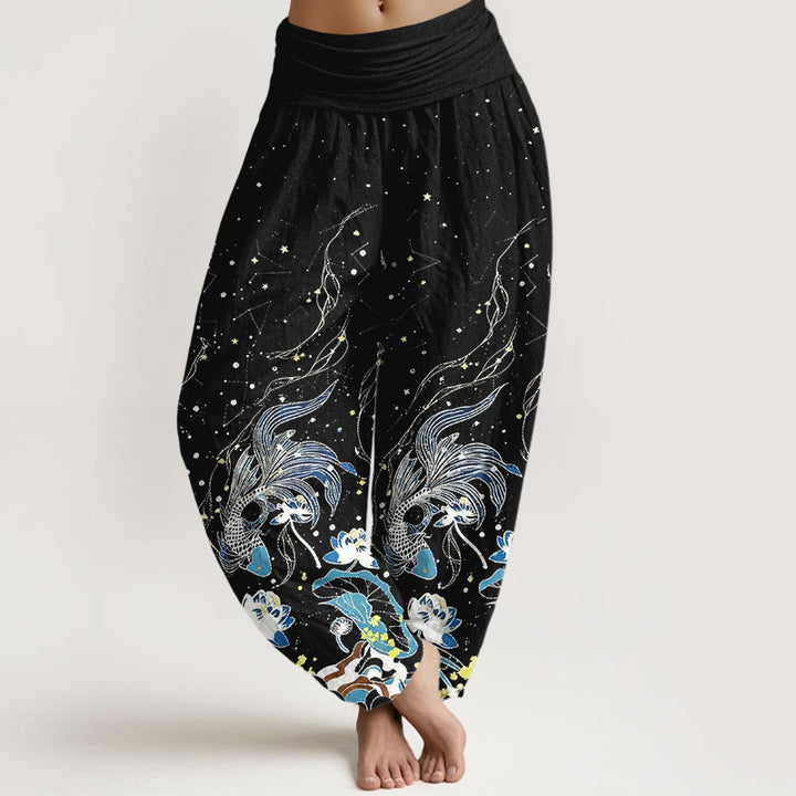 Buddha Stones Pantalon harem à taille élastique pour femme, en coton, motif ciel étoilé, carpes koï et vagues de lotus. - Noir - US16，UK/AU20，EU48 (3XL) - image 0