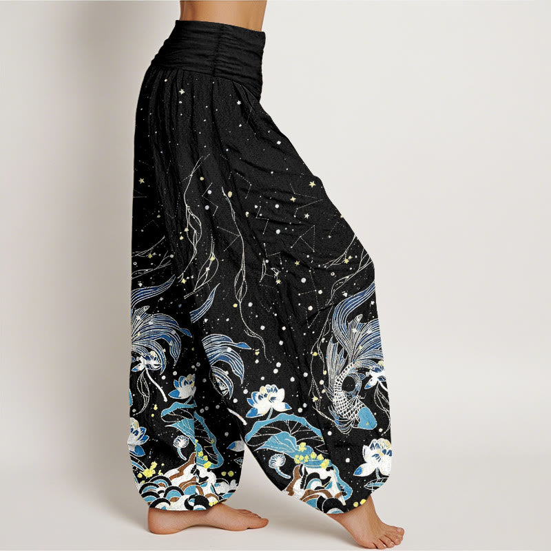 Buddha Stones Pantalon harem à taille élastique pour femme, en coton, motif ciel étoilé, carpes koï et vagues de lotus. - image 1