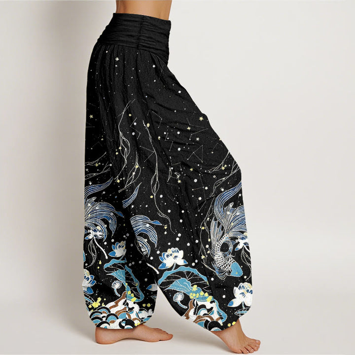 Buddha Stones Pantalon harem à taille élastique pour femme, en coton, motif ciel étoilé, carpes koï et vagues de lotus. - image 1