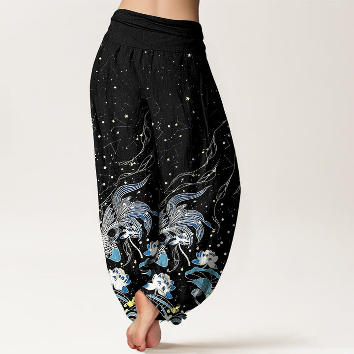 Buddha Stones Pantalon harem à taille élastique pour femme, en coton, motif ciel étoilé, carpes koï et vagues de lotus. - image 2