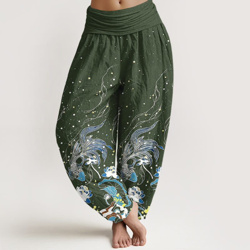 Buddha Stones Pantalon harem à taille élastique pour femme, en coton, motif ciel étoilé, carpes koï et vagues de lotus. - Vert olive foncé - US16，UK/AU20，EU48 (3XL) - image 5