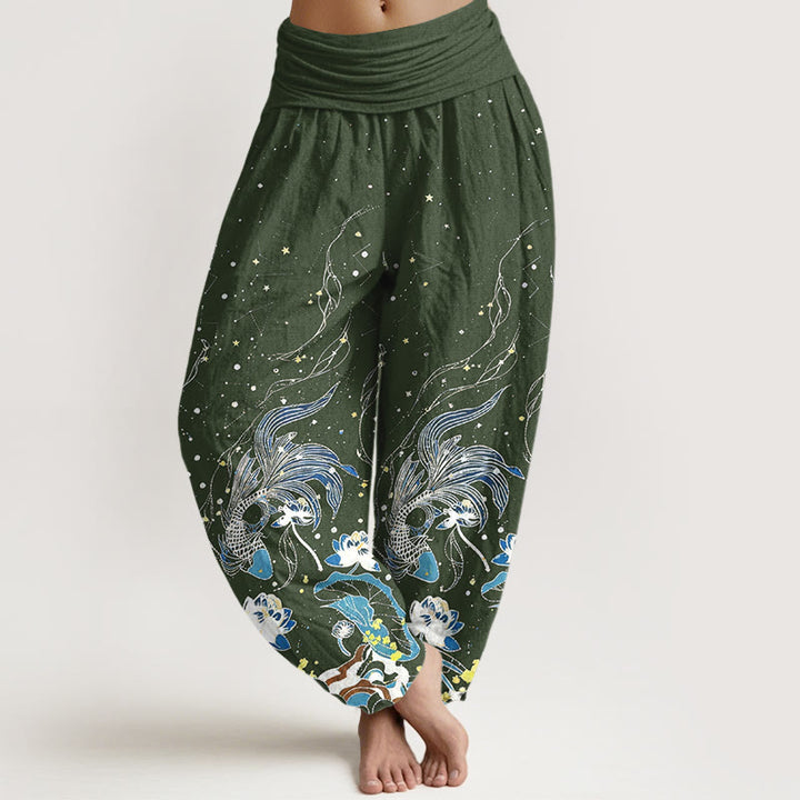 Buddha Stones Pantalon harem à taille élastique pour femme, en coton, motif ciel étoilé, carpes koï et vagues de lotus. - Vert olive foncé - US16，UK/AU20，EU48 (3XL) - image 5