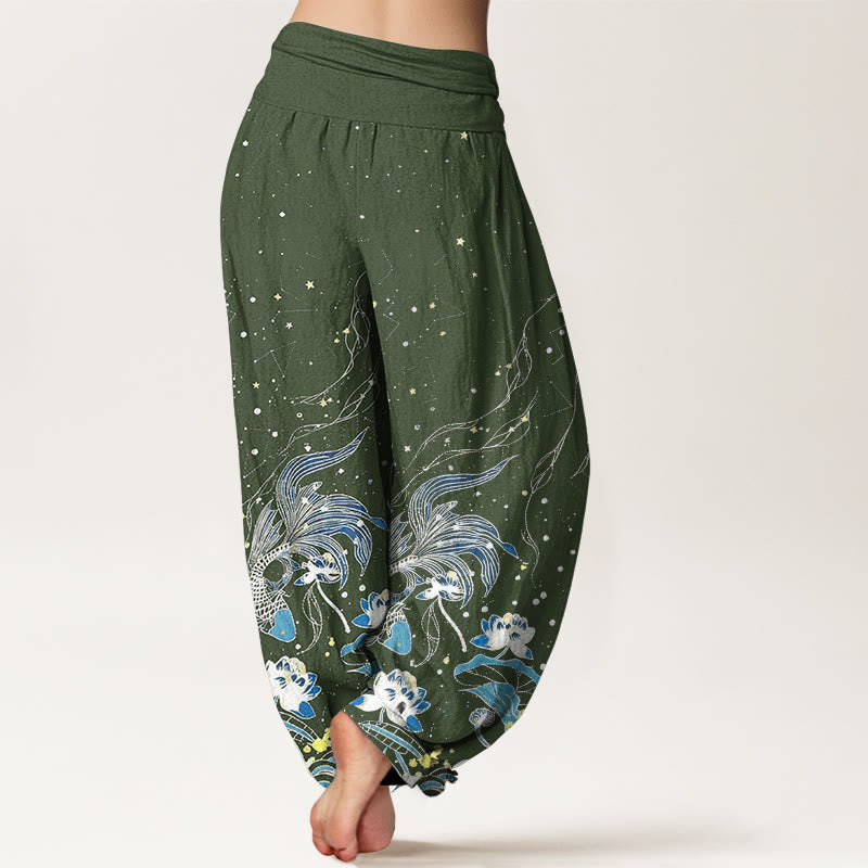 Buddha Stones Pantalon harem à taille élastique pour femme, en coton, motif ciel étoilé, carpes koï et vagues de lotus. - image 7