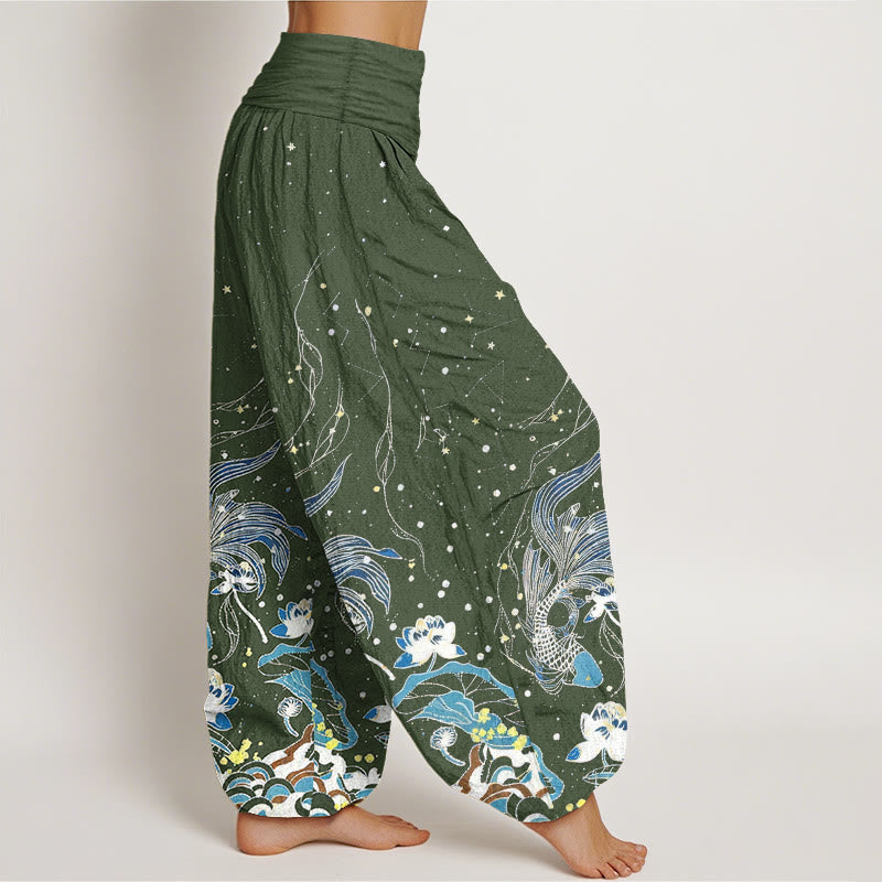 Buddha Stones Pantalon harem à taille élastique pour femme, en coton, motif ciel étoilé, carpes koï et vagues de lotus. - image 6