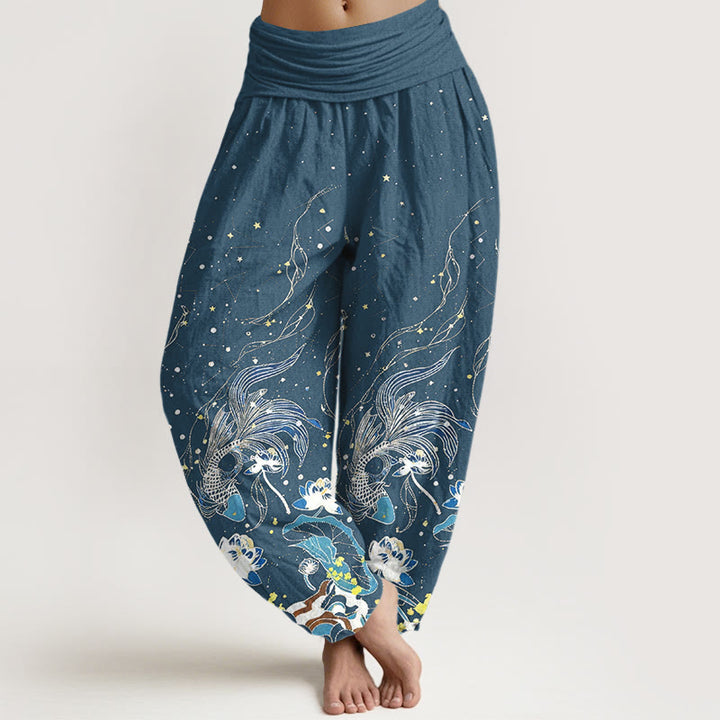 Buddha Stones Pantalon harem à taille élastique pour femme, en coton, motif ciel étoilé, carpes koï et vagues de lotus. - SteelBlue - US16，UK/AU20，EU48 (3XL) - image 8