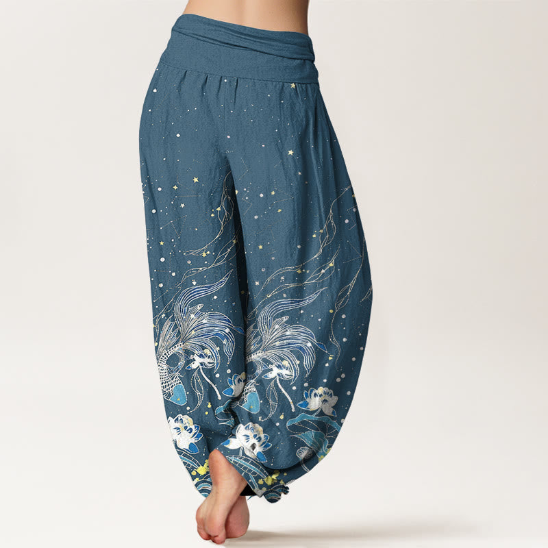 Buddha Stones Pantalon harem à taille élastique pour femme, en coton, motif ciel étoilé, carpes koï et vagues de lotus. - image 10