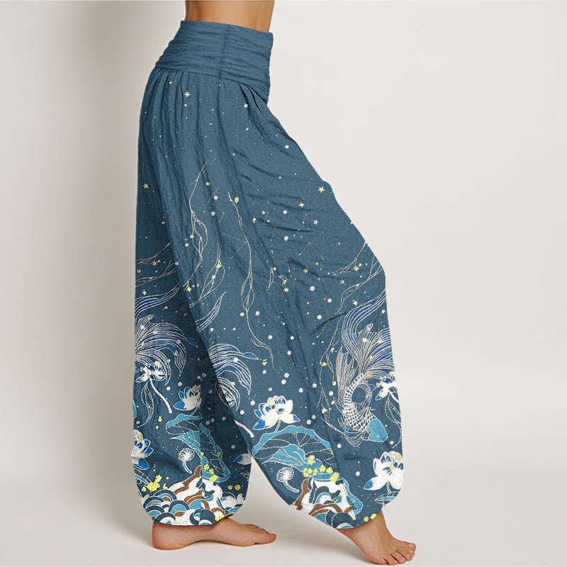 Buddha Stones Pantalon harem à taille élastique pour femme, en coton, motif ciel étoilé, carpes koï et vagues de lotus. - image 9