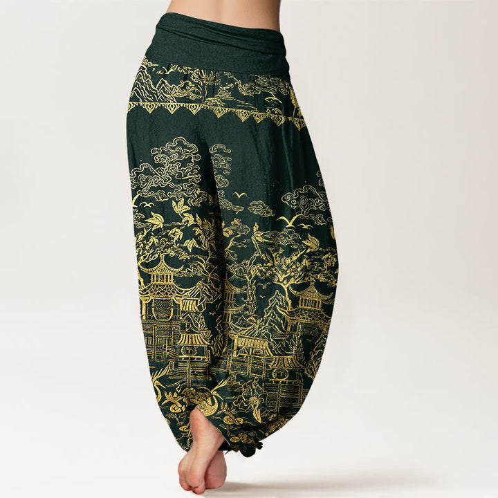 Buddha Stones Pantalon harem pour femme en coton à taille élastique, motif paysage architectural classique, animaux et nuages ​​porte-bonheur - image 2