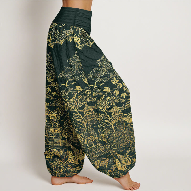 Buddha Stones Pantalon harem pour femme en coton à taille élastique, motif paysage architectural classique, animaux et nuages ​​porte-bonheur - image 1