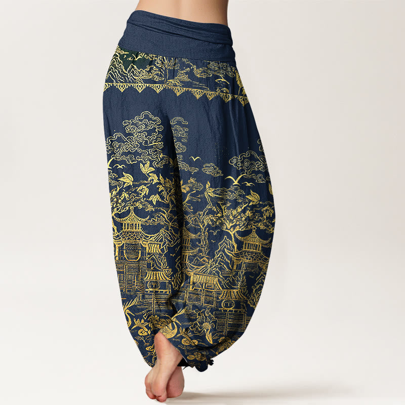 Buddha Stones Pantalon harem pour femme en coton à taille élastique, motif paysage architectural classique, animaux et nuages ​​porte-bonheur - image 7