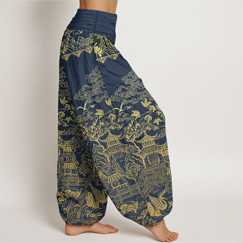 Buddha Stones Pantalon harem pour femme en coton à taille élastique, motif paysage architectural classique, animaux et nuages ​​porte-bonheur - image 6