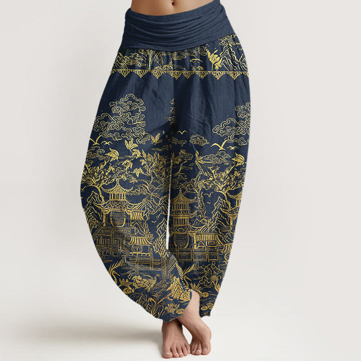 Buddha Stones Pantalon harem pour femme en coton à taille élastique, motif paysage architectural classique, animaux et nuages ​​porte-bonheur - SteelBlue - US16，UK/AU20，EU48 (3XL) - image 5