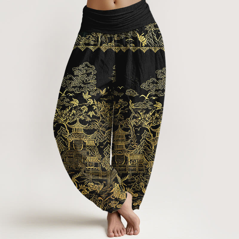 Buddha Stones Pantalon harem pour femme en coton à taille élastique, motif paysage architectural classique, animaux et nuages ​​porte-bonheur - Noir - US16，UK/AU20，EU48 (3XL) - image 8