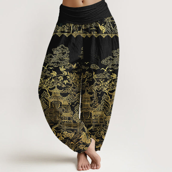 Buddha Stones Pantalon harem pour femme en coton à taille élastique, motif paysage architectural classique, animaux et nuages ​​porte-bonheur - Noir - US16，UK/AU20，EU48 (3XL) - image 8