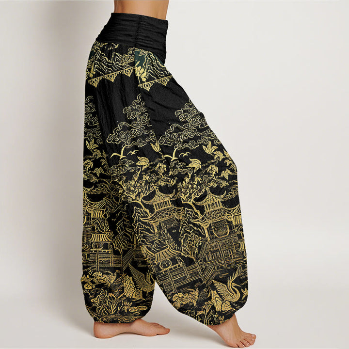 Buddha Stones Pantalon harem pour femme en coton à taille élastique, motif paysage architectural classique, animaux et nuages ​​porte-bonheur - image 9