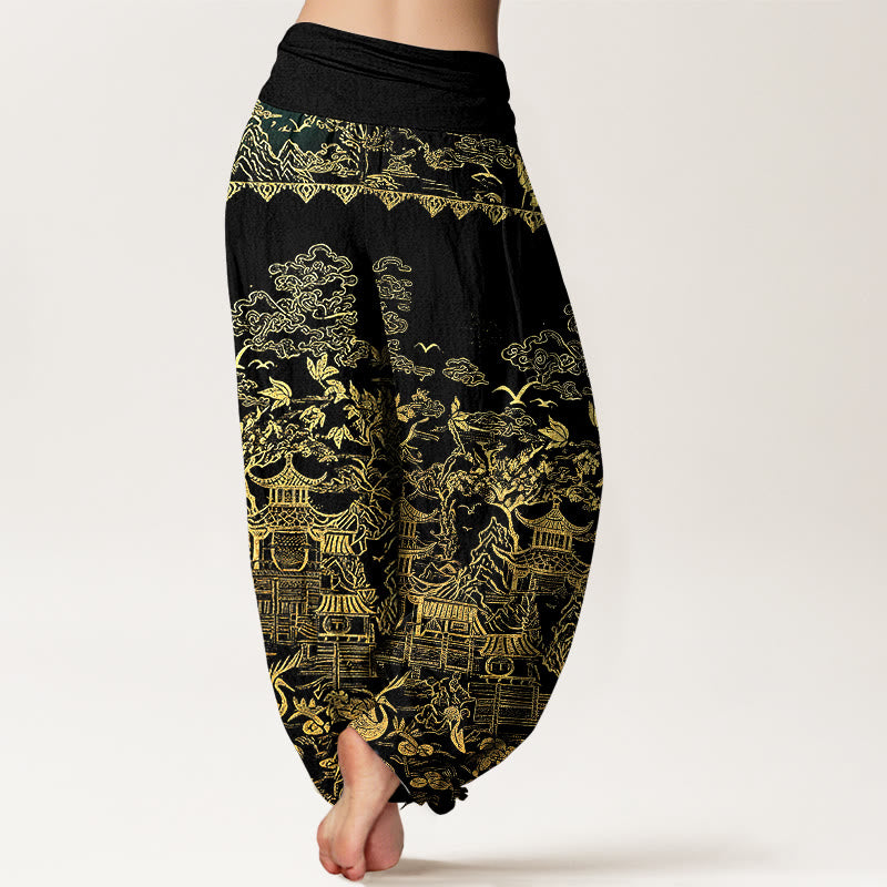 Buddha Stones Pantalon harem pour femme en coton à taille élastique, motif paysage architectural classique, animaux et nuages ​​porte-bonheur - image 10