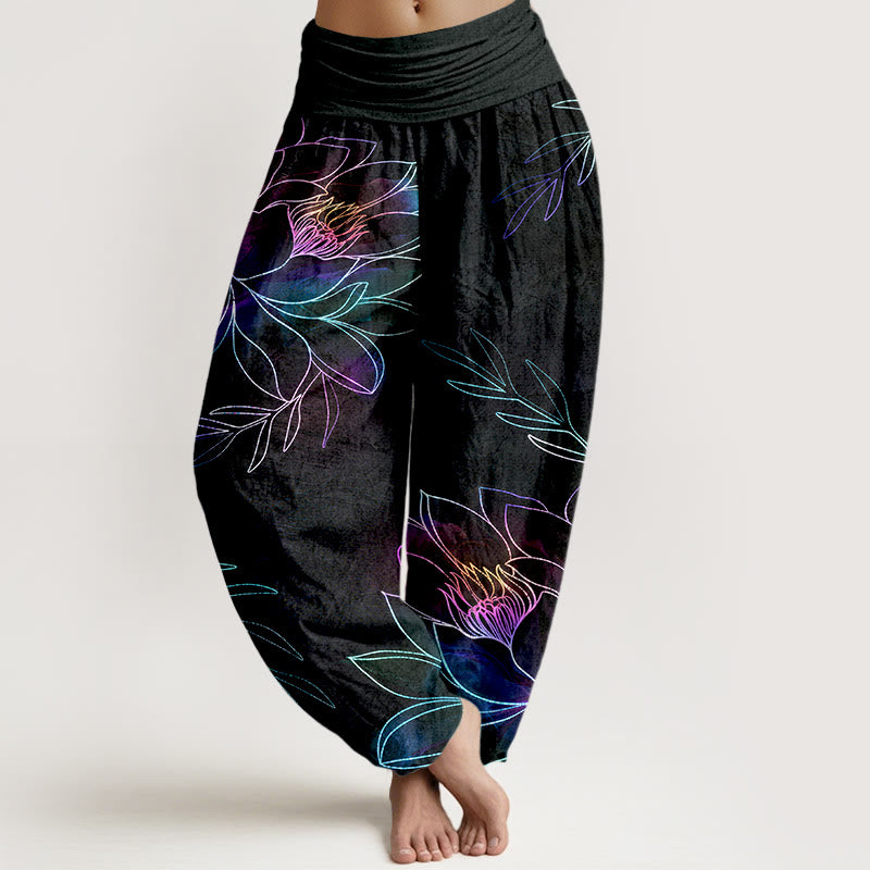 Buddha Stones Pantalon harem à taille élastique pour femme, en coton à motif de branches de lotus fluo. - Noir - US16，UK/AU20，EU48 (3XL) - image 0
