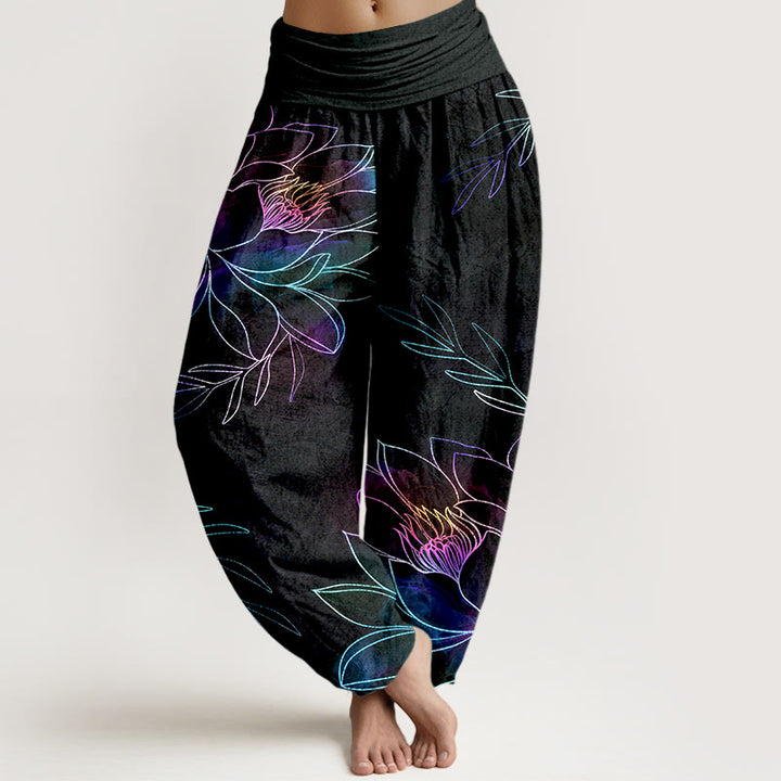 Buddha Stones Pantalon harem à taille élastique pour femme, en coton à motif de branches de lotus fluo. - Noir - US16，UK/AU20，EU48 (3XL) - image 0