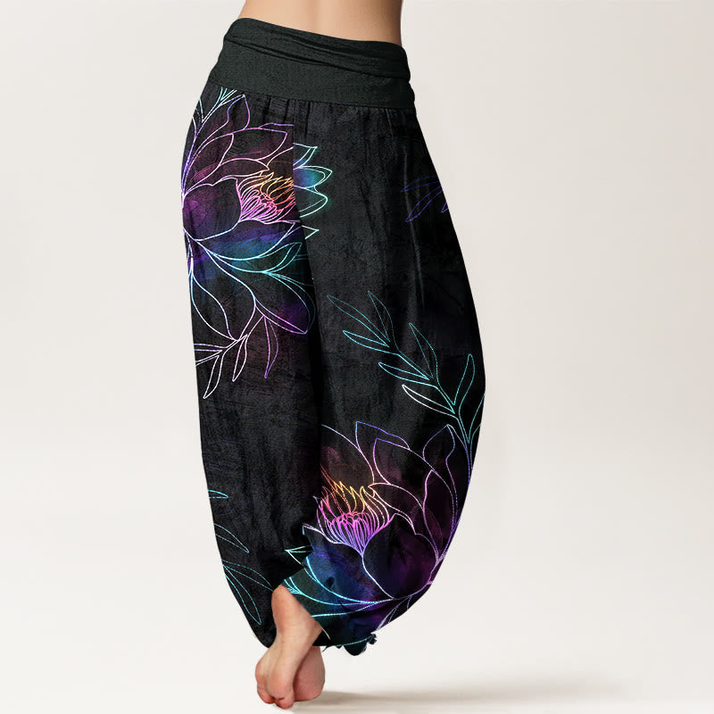 Buddha Stones Pantalon harem à taille élastique pour femme, en coton à motif de branches de lotus fluo. - image 2