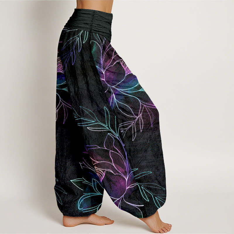 Buddha Stones Pantalon harem à taille élastique pour femme, en coton à motif de branches de lotus fluo. - image 1