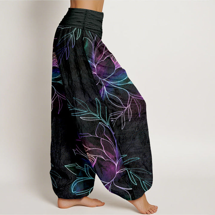 Buddha Stones Pantalon harem à taille élastique pour femme, en coton à motif de branches de lotus fluo. - image 1