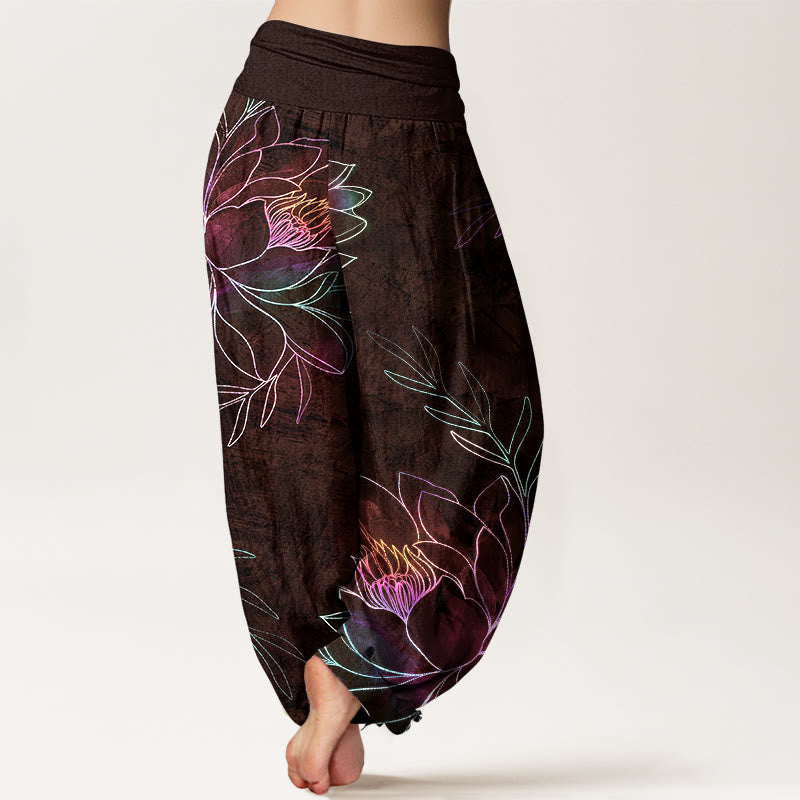 Buddha Stones Pantalon harem à taille élastique pour femme, en coton à motif de branches de lotus fluo. - image 7