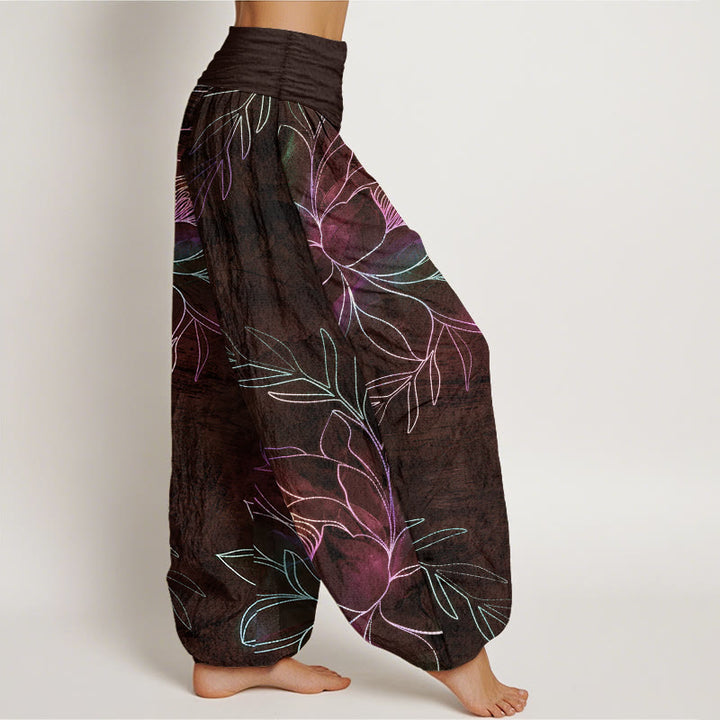 Buddha Stones Pantalon harem à taille élastique pour femme, en coton à motif de branches de lotus fluo. - image 6