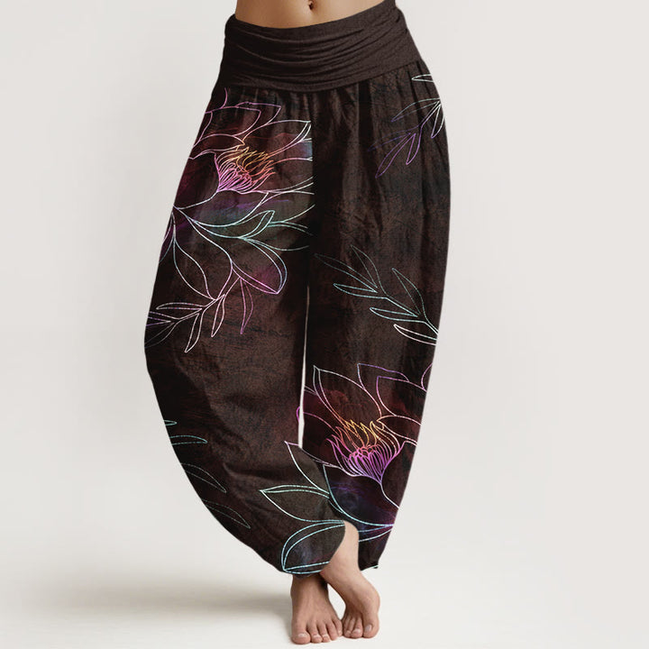 Buddha Stones Pantalon harem à taille élastique pour femme, en coton à motif de branches de lotus fluo. - SaddleBrown - US16，UK/AU20，EU48 (3XL) - image 5