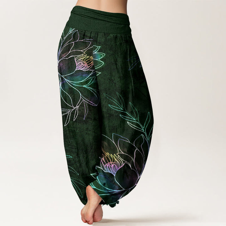Buddha Stones Pantalon harem à taille élastique pour femme, en coton à motif de branches de lotus fluo. - image 10