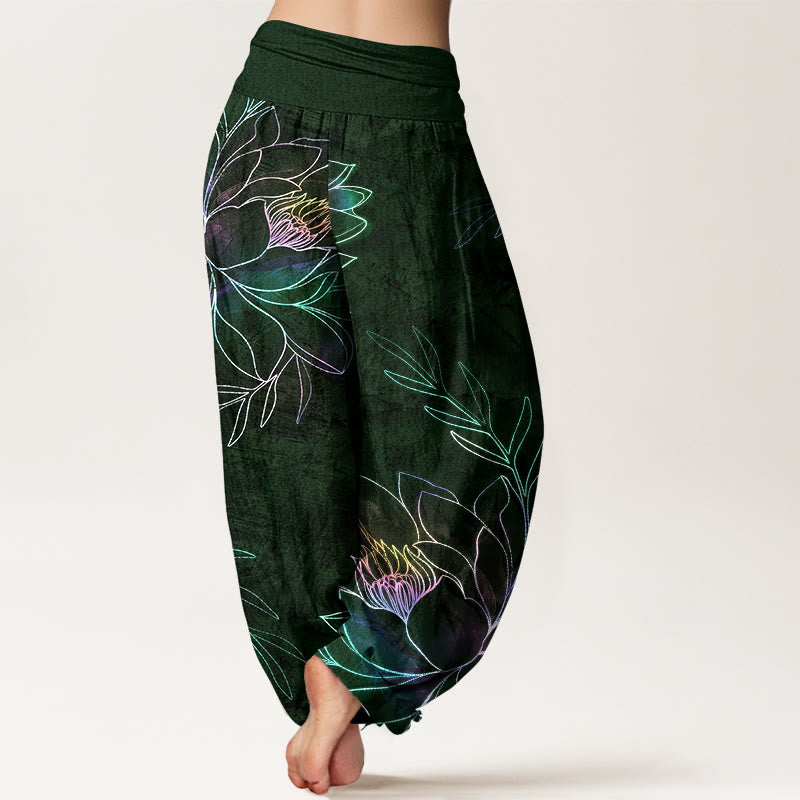 Buddha Stones Pantalon harem à taille élastique pour femme, en coton à motif de branches de lotus fluo. - image 10