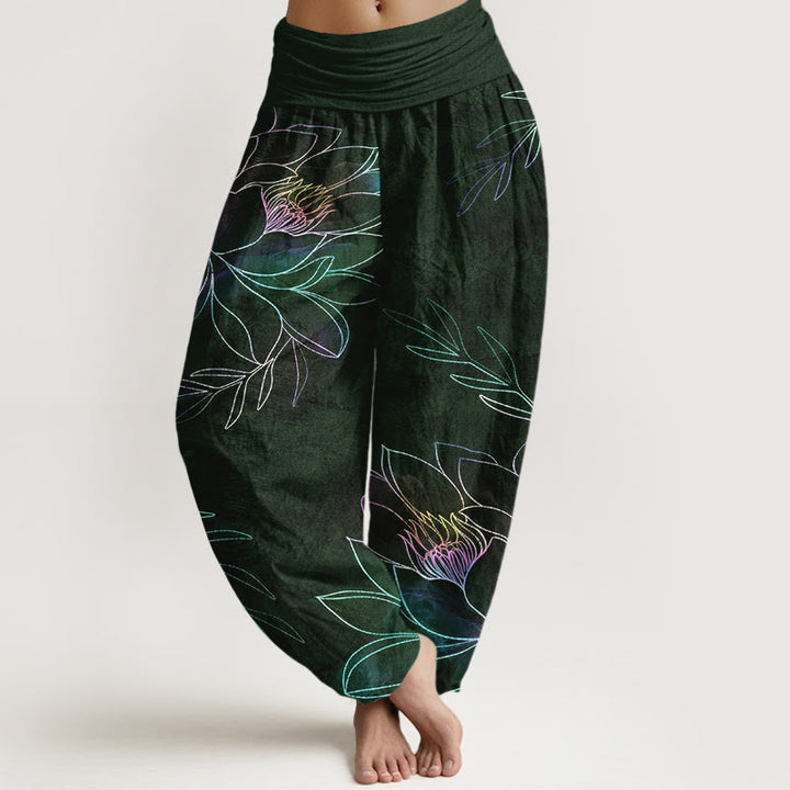 Buddha Stones Pantalon harem à taille élastique pour femme, en coton à motif de branches de lotus fluo. - Vert foncé - US16，UK/AU20，EU48 (3XL) - image 8