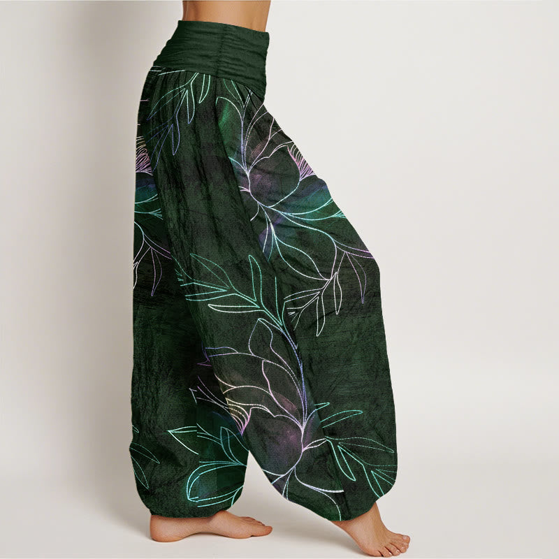 Buddha Stones Pantalon harem à taille élastique pour femme, en coton à motif de branches de lotus fluo. - image 9