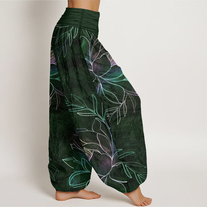 Buddha Stones Pantalon harem à taille élastique pour femme, en coton à motif de branches de lotus fluo. - image 9