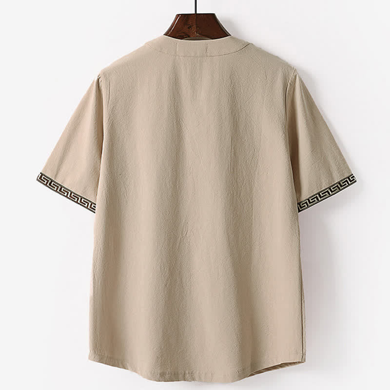 Buddha Stones T-shirt d'été brodé à manches courtes et col cranté pour homme, en coton et lin - image 5