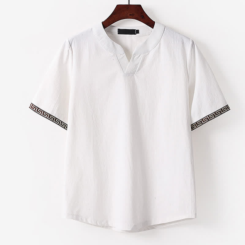 Buddha Stones T-shirt d'été brodé à manches courtes et col cranté pour homme, en coton et lin - Blanc - US/UK/AU56，EU66(9XL) - image 1