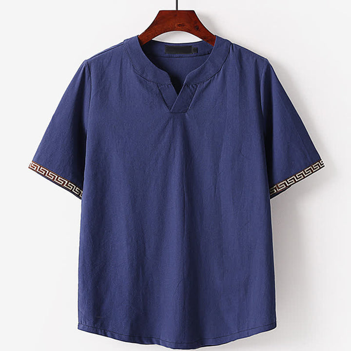 Buddha Stones T-shirt d'été brodé à manches courtes et col cranté pour homme, en coton et lin - Bleu ardoise foncé - US/UK/AU56，EU66(9XL) - image 0