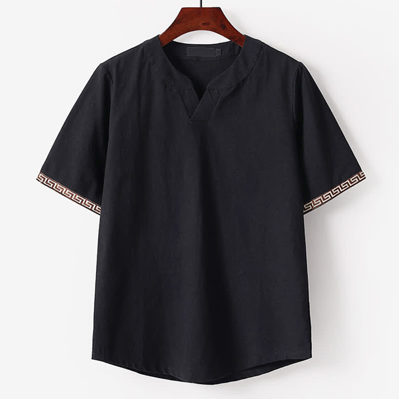 Buddha Stones T-shirt d'été brodé à manches courtes et col cranté pour homme, en coton et lin - Noir - US/UK/AU56，EU66(9XL) - image 3
