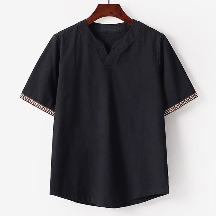 Buddha Stones T-shirt d'été brodé à manches courtes et col cranté pour homme, en coton et lin - Noir - US/UK/AU56，EU66(9XL) - image 3