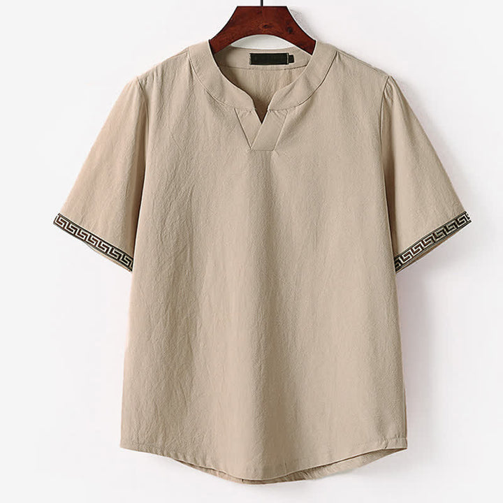 Buddha Stones T-shirt d'été brodé à manches courtes et col cranté pour homme, en coton et lin - Tanné - US/UK/AU56，EU66(9XL) - image 4