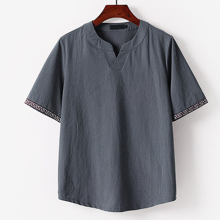 Buddha Stones T-shirt d'été brodé à manches courtes et col cranté pour homme, en coton et lin - Gris ardoise - US/UK/AU56，EU66(9XL) - image 2